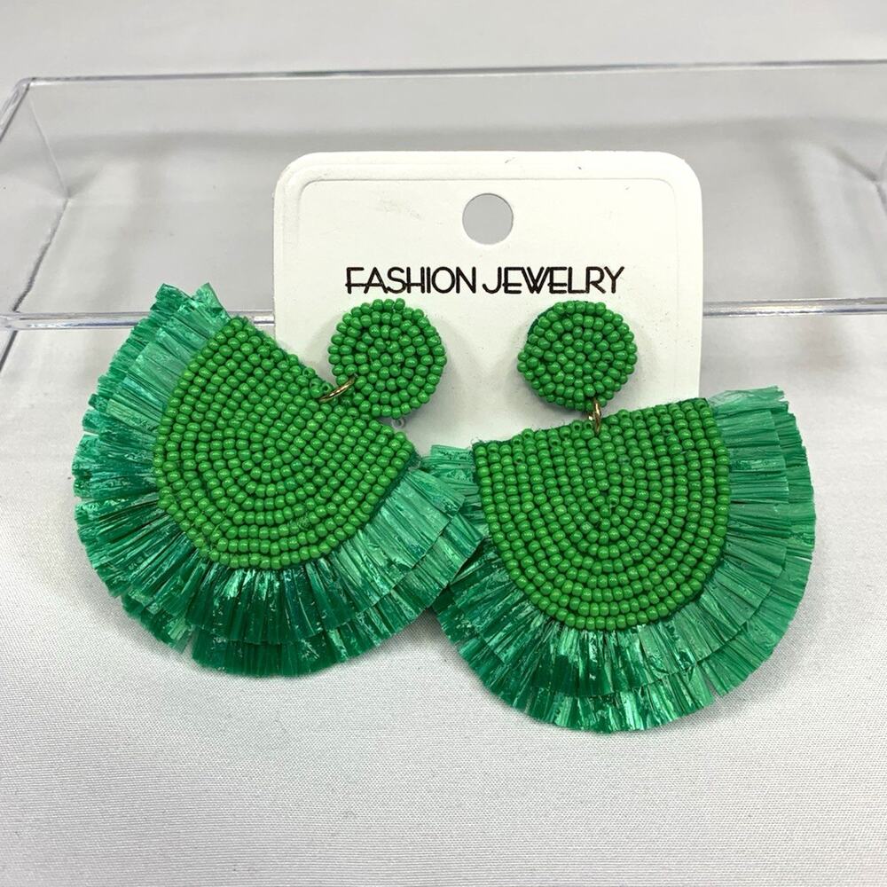 Green Beaded Fan Fringe Tassel Dangle/Drop Earrings Butterfly Closure Boho